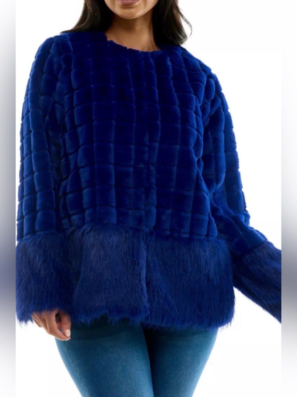 Nina Leonard Deep Blue Plush Faux Fur Teddy Jacket with Flared Hem